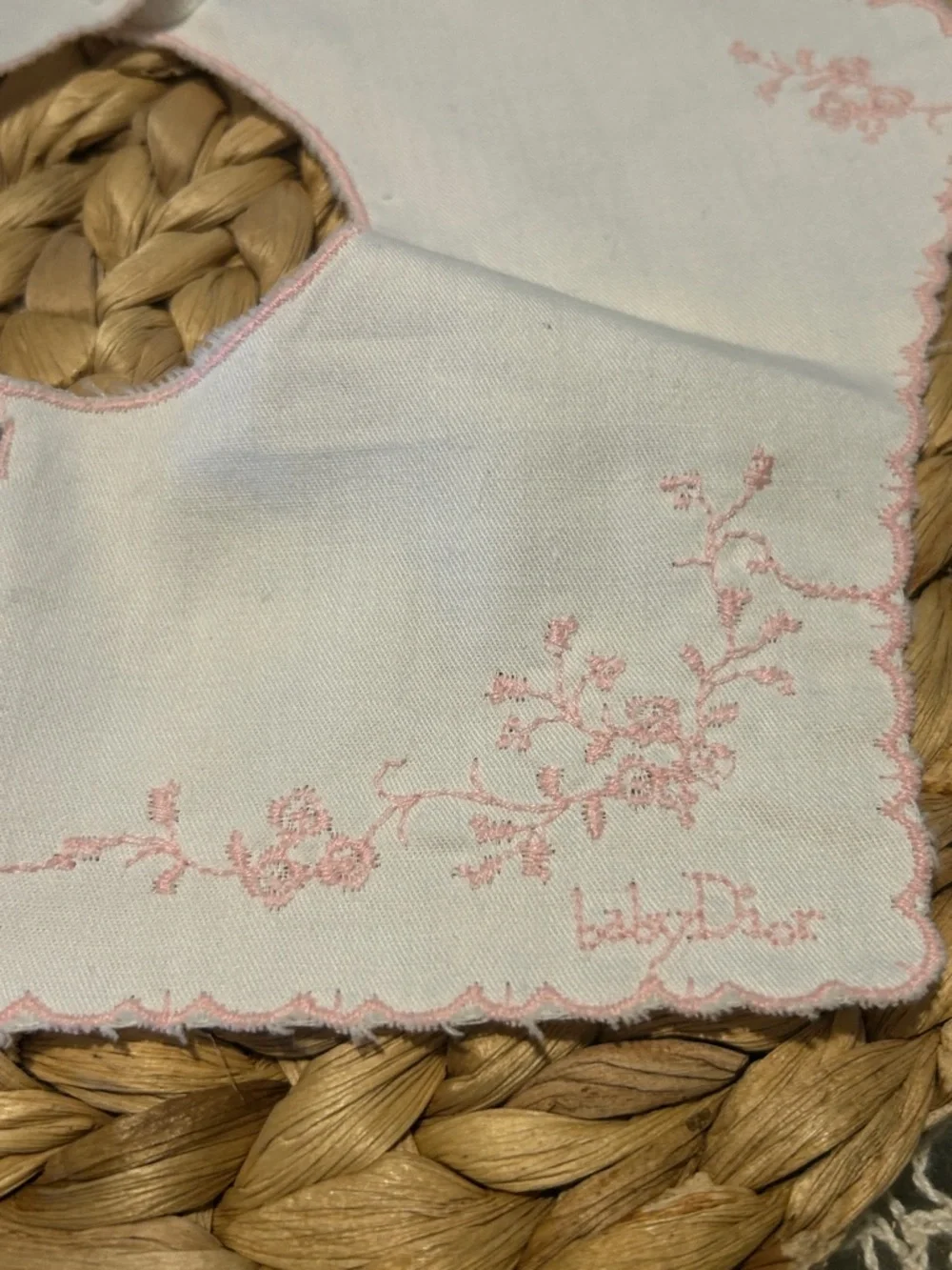 Vintage Handmade White Baby Bib with Pink Embroidery